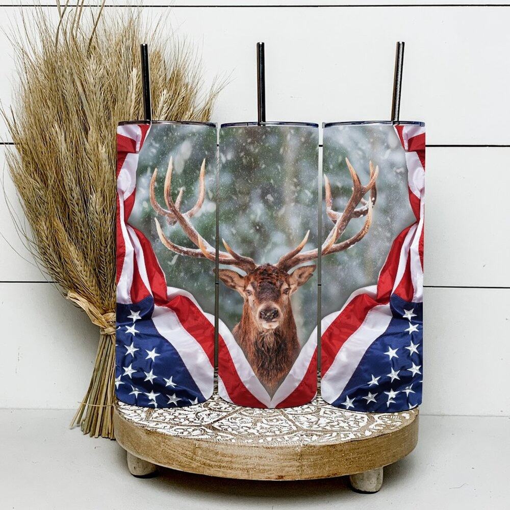 Deer Hunting American Flag 20oz Tumbler With Metal Straw - Picture 2 of 2